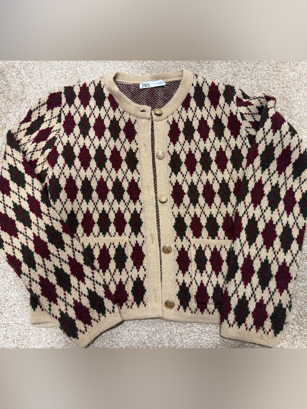 Zara Beige Argyle Cardigan with Burgundy and Dark Green
